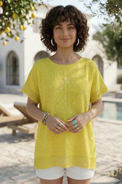 Chiccy Žuta suknja sa okruglim izrezom i niskim rukavima, sa mrežastim detalj...