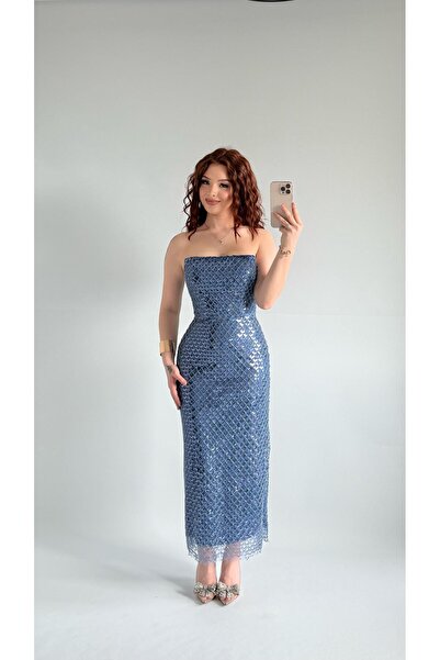 AYŞENUR DİNÇER Mermaid Midi Straplez Abiye İndigo