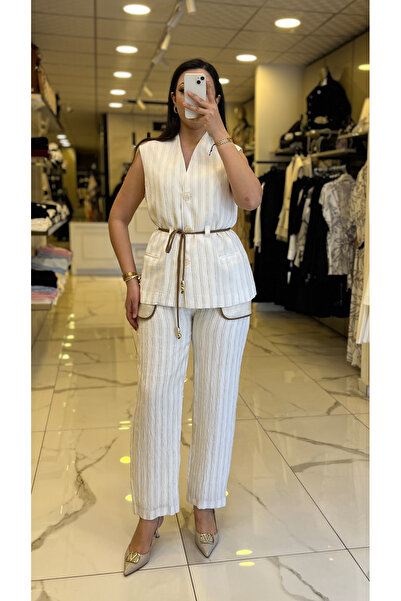 Vosse Miarte Ekru Çizgili,Kuşaklı,Cep Detaylı Takım