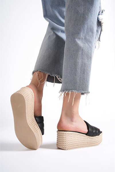 pabucmarketi Black Straw Look Women's Wedge Heel Slipper