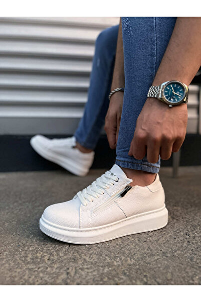 pabucmarketi White Lace-Up Zippered Men's Shoes Sneakers