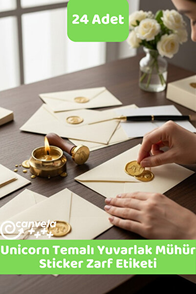 İstisna Unicorn Temalı Gold Renk Yuvarlak Mühür Sticker Ürün Ambalaj Paket Dü...