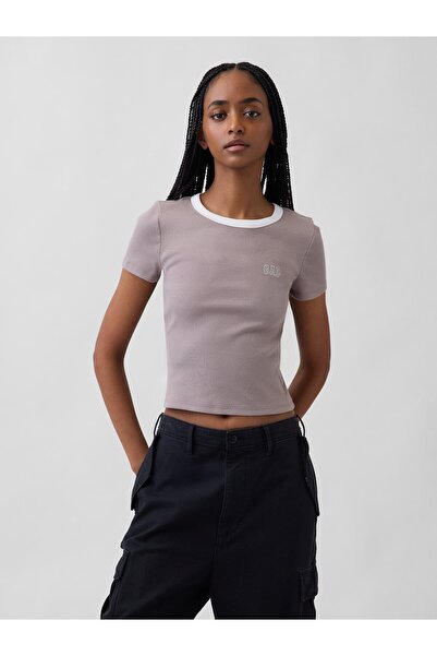 GAP Kadın Pembe Ribbed Logo Baby Crop T-Shirt