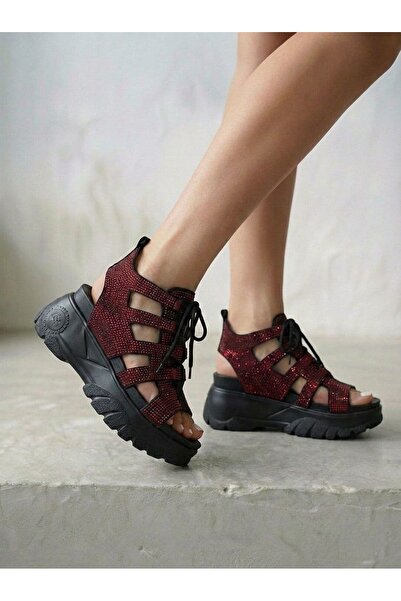 Modanizm Zuna Bordo Dolgu Topuklu Sandalet