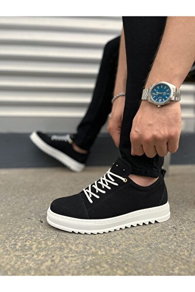 pabucmarketi Black Suede (White Sole) Lace-Up Men's Casual Shoes