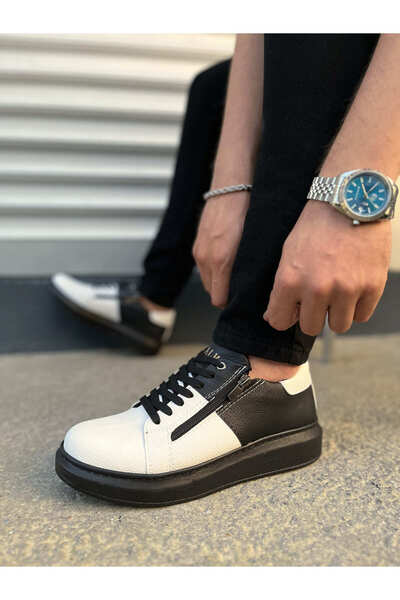 pabucmarketi White Black (Black Sole) Lace-Up Zippered Men's Shoes Sneakers