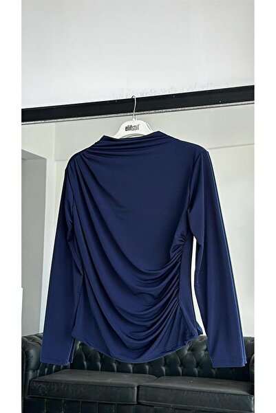 EFRUNS Kadın Drapeli Asimetrik Bluz Dik Yaka Uzun Kollu Likralı Şık Bluz