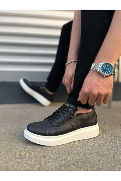 pabucmarketi Black (White Sole) Lace-Up Zippered Men's Shoes Sneakers