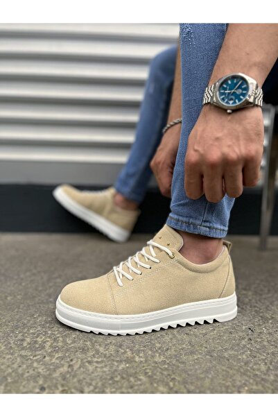 pabucmarketi Cream Suede Lace-Up Men's Casual Shoes