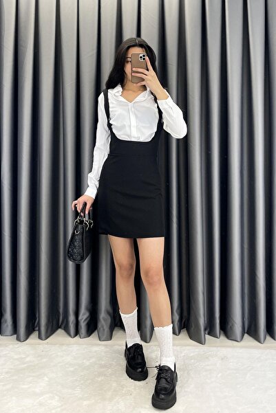 Tmptekstil Kalın Askılı Mini Boy Göğüs Altı Salopet - Siyah SİYAH