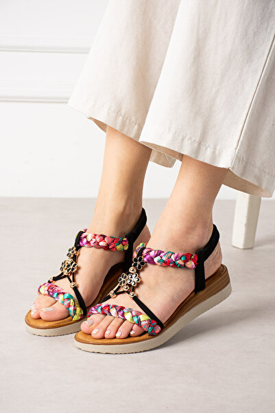 LEYDİ SHOES Su Peri̇si̇ Black Pink Stone Sandals with Sticks