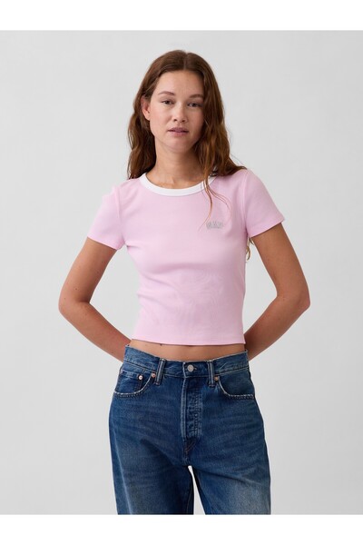 GAP Kadın Açık Pembe Ribbed Logo Baby Crop T-Shirt