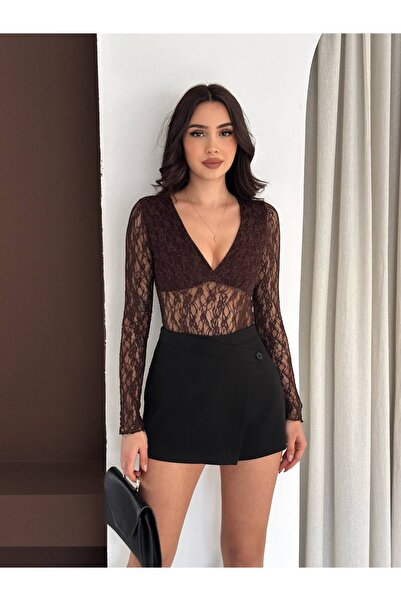 FORSACE Dantel Detaylı Transparan V Yaka Uzun Kollu Çıtçıtlı Şık Body