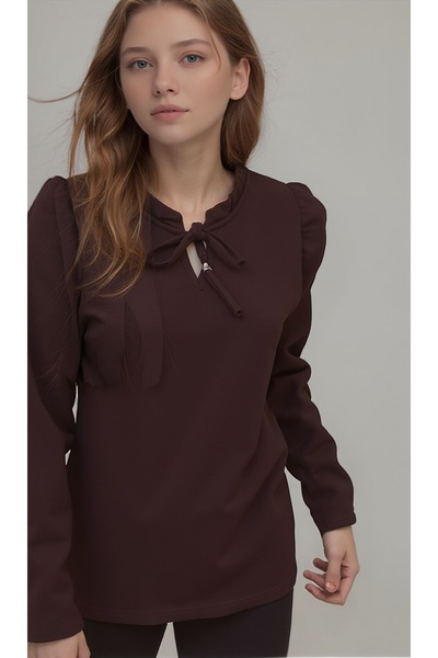 DEVRİMAY TEKSTİL Brown Ruffled Collar Stretch Fabric Crepe Blouse