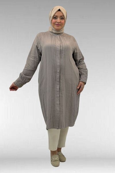 Eslina 68022 Büyük Beden Boydan Pile Detaylı Müslin Gömlek - Vizon