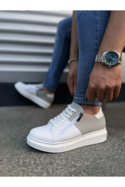 pabucmarketi White Gray Suede Detailed Lace-Up Zippered Men's Sneakers