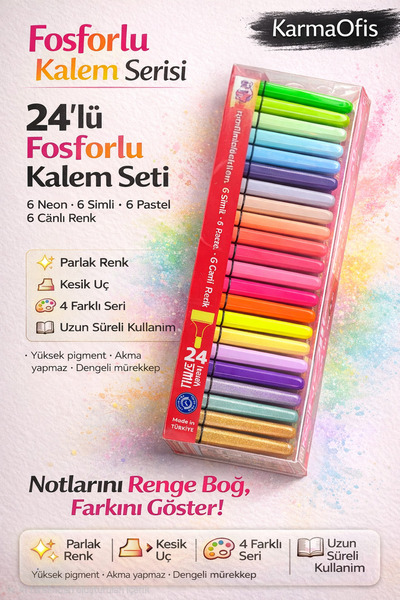 KarmaOfis 24’lü Fosforlu Kalem Seti – Neon, Pastel, Simli & Canlı Renkler