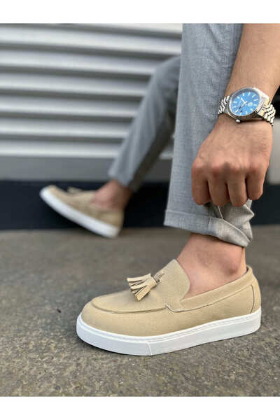pabucmarketi Cream Suede Tasseled Men's Casual Shoes