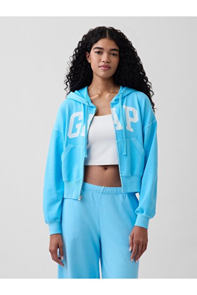 GAP Kadın Açık Mavi Oversized Logo Fransız Havlu Kumaş Fermuarlı Sweatshirt