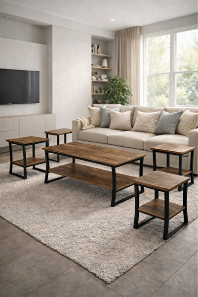 MARIA HOMES Brown 1+4 Coffee Table Set – Rustic Wood and Metal Design with 1 ...