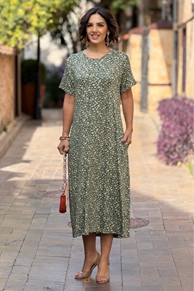 Nevin Kaya Moda Haki hrskava Cvetni dezen Pamučni džersej haljina - P1