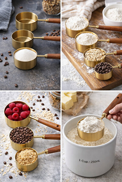 DİES Premium Ahşap Saplı Gold Ölçü Kabı Seti 4'lü Mutfak Ölçü Kupası (250 ml,...