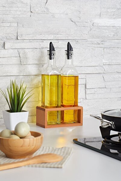 Saule Ahşap Standlı 2’li Cam Yağlık Seti 500 ml | Zeytinyağı & Sirkelik Takım...