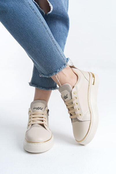 pabucmarketi Krem Altın Bağcıklı Fermuarlı Kadın Sneaker