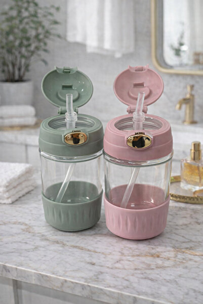 BMHOUSE Tavşan Kulaklı Pipetli Cam Matara Çocuk Suluk Cam Su Şişesi Okul Spor...