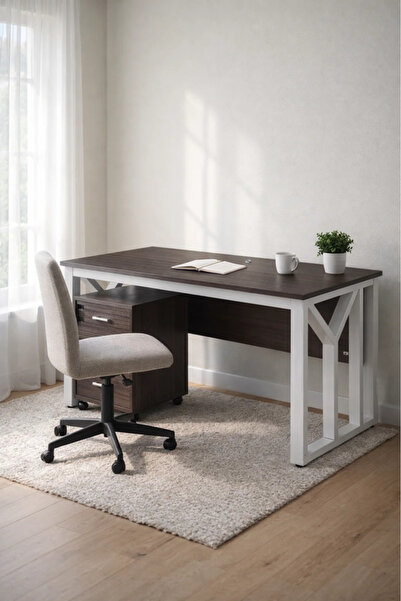 MARIA HOMES Modern Grey Desk with White Metal Frame and 3-Drawer Storage