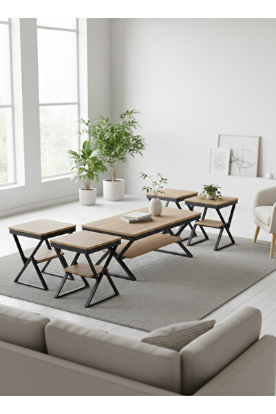 MARIA HOMES Modern 5-Piece WOOD Center Table Set with Metal Frame and Wood Fi...