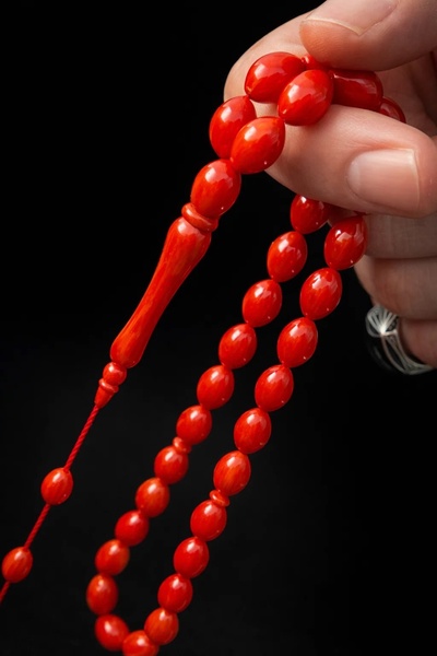 Cemhan Göksal Crimped Amber Prayer Beads 8X12Mm Barley Cut Orange Red Moire 4...