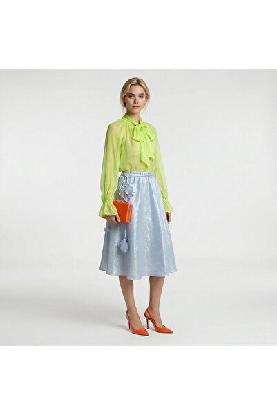 MaisonMika Metallic flared skirt with Elastic Waist and handmade orchid flowers