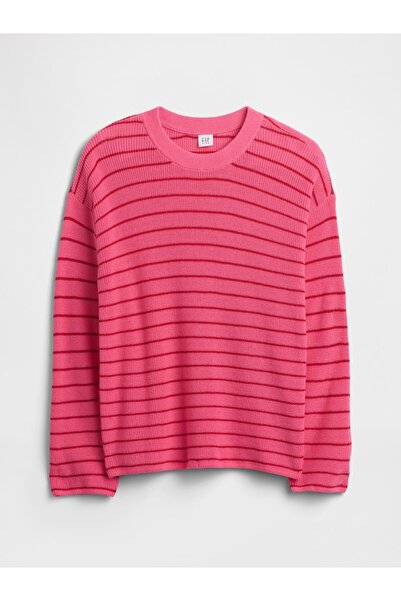 GAP Kız Çocuk Pembe Oversized Çizgili Shaker Örgü Kazak