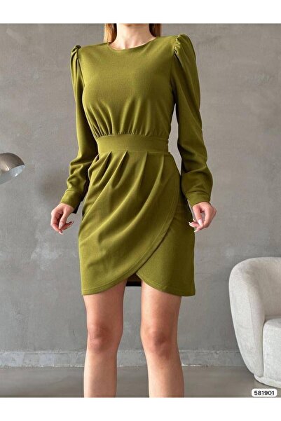 Modafeminen Rochie elegantă verde fistic cu mâneci bufante și detaliu în tali...