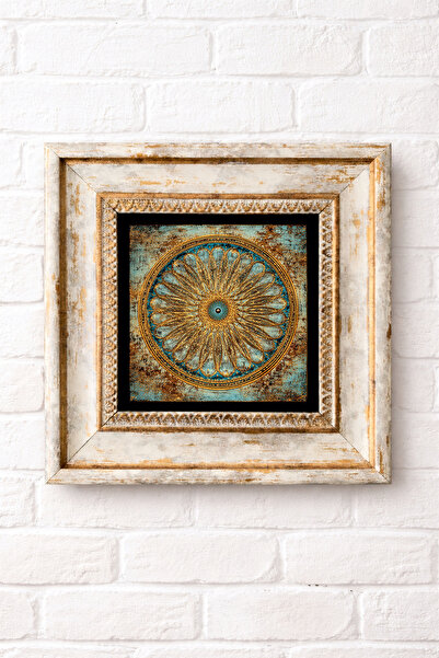 LudenHome Çerçeveli Taş Duvar Dekoru Tablo 20cm X 20cm Yeşil Mandala Tasarımı