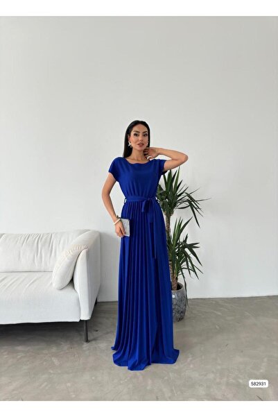 Modafeminen أزرق بلون الكوبالت بثنيات فستان ماكسي بحزام 582931