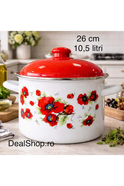 dealshopromania Oală emailată extra mare cu capac 26 cm, 10,5 litri model mac...