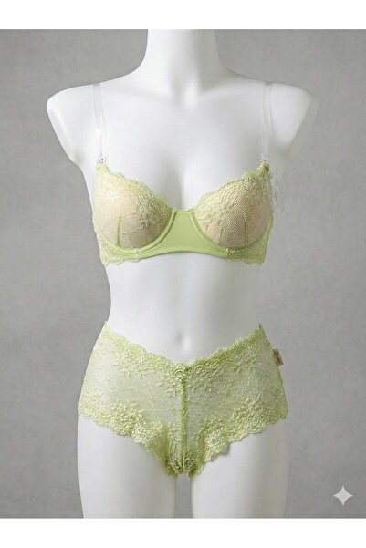 irem içgiyim Women's Wired Padded Neon Green Transparent Strap Bra Set