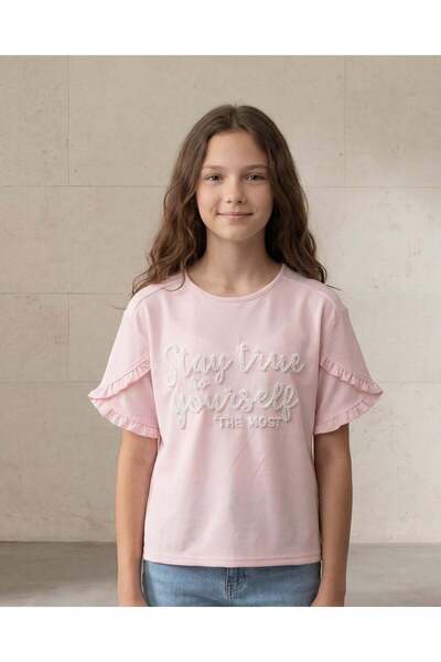 REDTAG Senior Girls Pink Embroidered Ruffle Sleeve T-Shirt