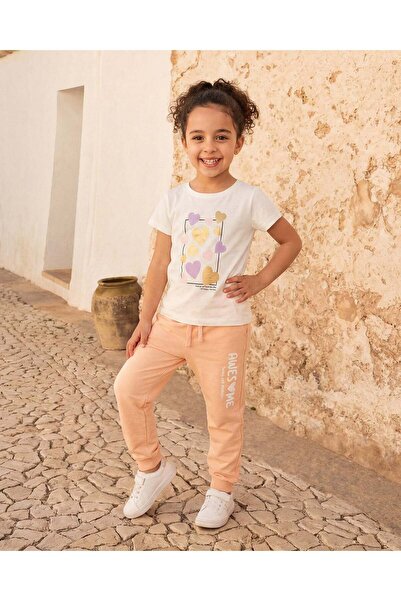 REDTAG Girls White And Peach Printed T-Shirt and Jogger Set