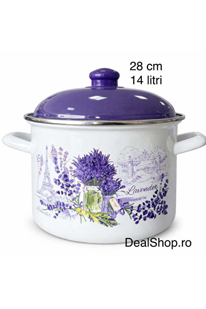 dealshopromania Oală emailată 28 cm, 14 litri cu capac, model lavandă mov, oa...