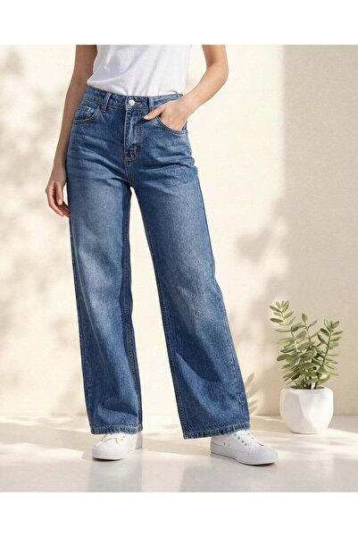 REDTAG بنطلون جينز نسائي أزرق واسع الساق من دنيم الصلب