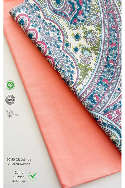 2 Pieces of 50 cm Salmon, Coral and Blue Authentic Pattern Cotton Piece Fabric for Bags, Wallets, Hobby Works