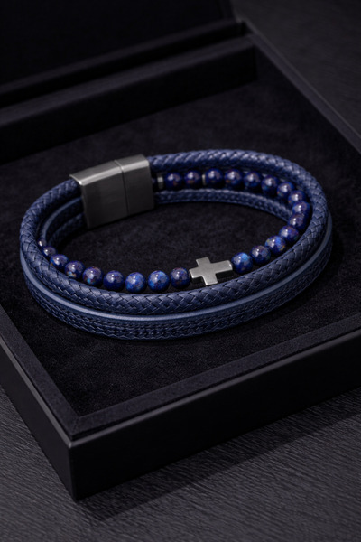 OEM Men's Braided Leather Bracelet, Multilayer, Metal Closure