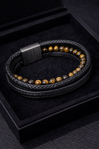 OEM Ανδρικό πλεκτό Δερμάτινο βραχιόλι, πολλαπλών στρώσεων, μεταλλικό κλείσιμο