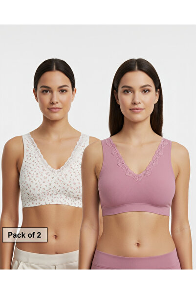 REDTAG طقم حمالات صدر نسائية مريحة بدون خياطة برقبة على شكل حرف V مع دانتيل، ...