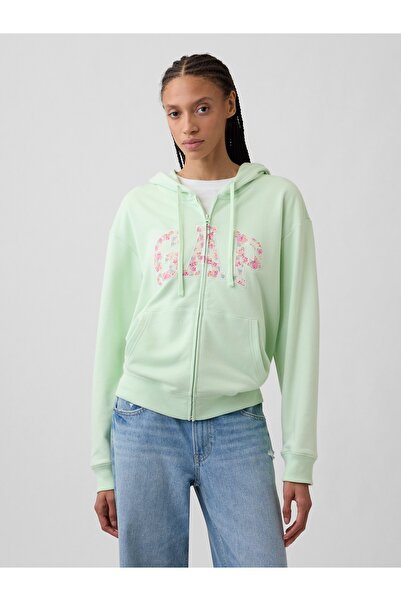 GAP Kadın Açık Yeşil Logo Fermuarlı Fransız Havlu Kumaş Sweatshirt
