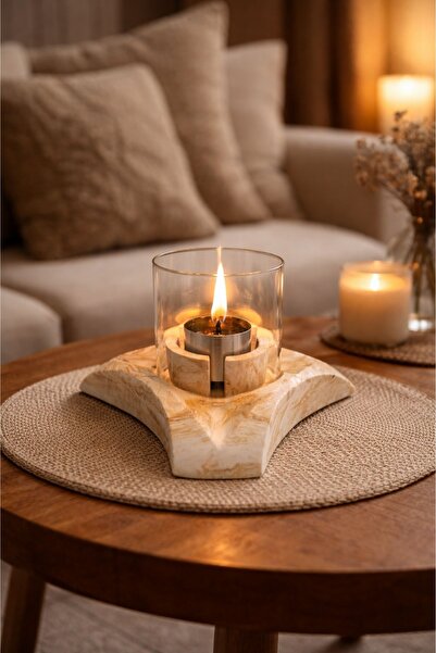 Akanart Studio Kahverengi Mermer Desenli Masa Şöminesi Cam Hazneli