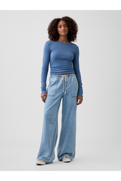 GAP Kadın Açık Mavi Mid Rise Pull-On Süper Hafif Wide-Leg Jean Pantolon